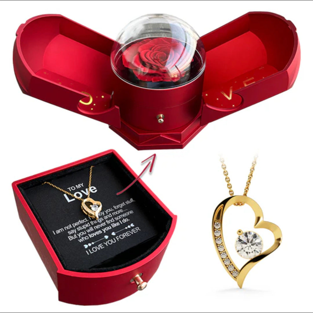 Double-Open Rose Jewelry Box – Drawer Style with Angel Wings, Perfect for Chinese Valentine's Day Necklace Gift