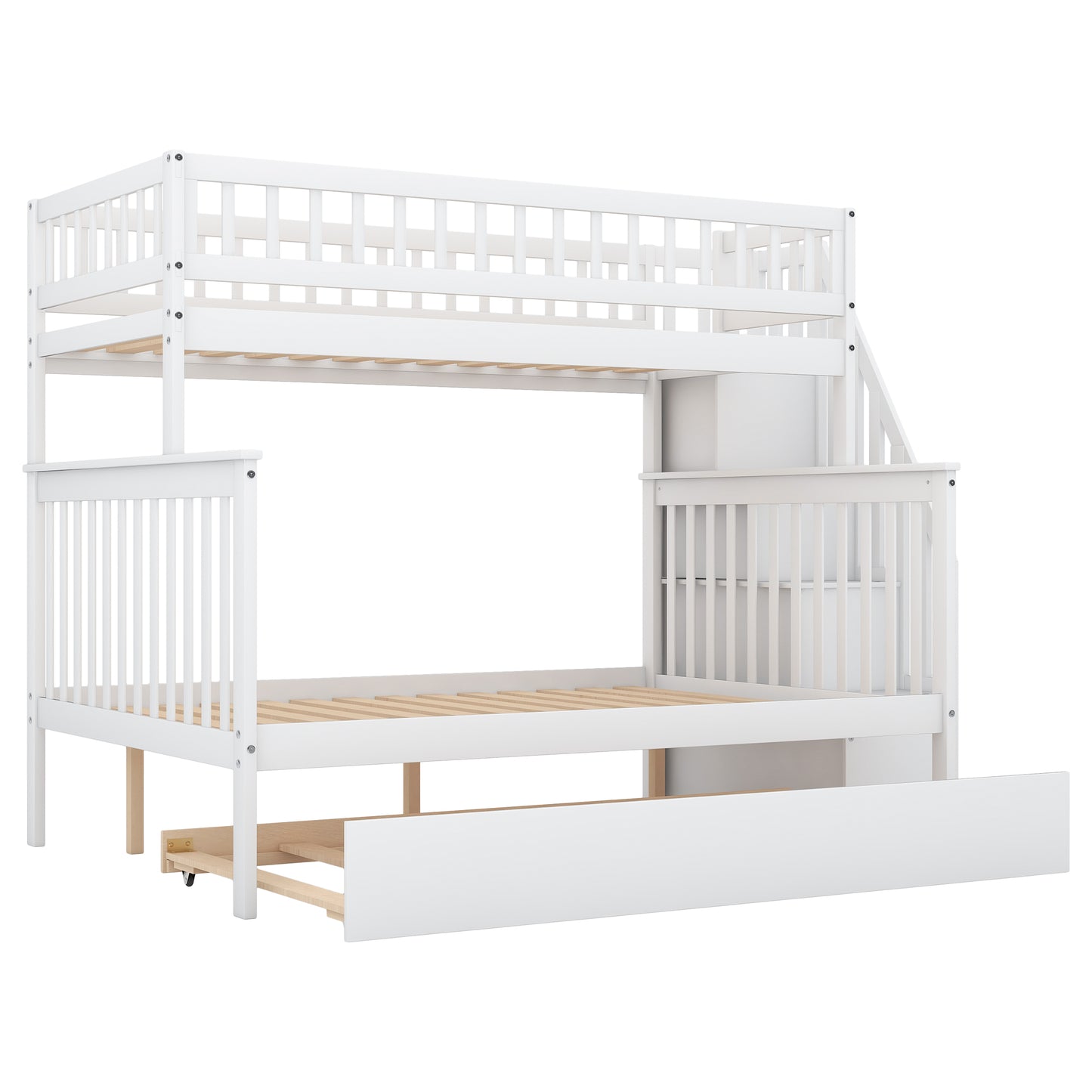 Twin over Full Bunk Bed with Trundle and Staircase White