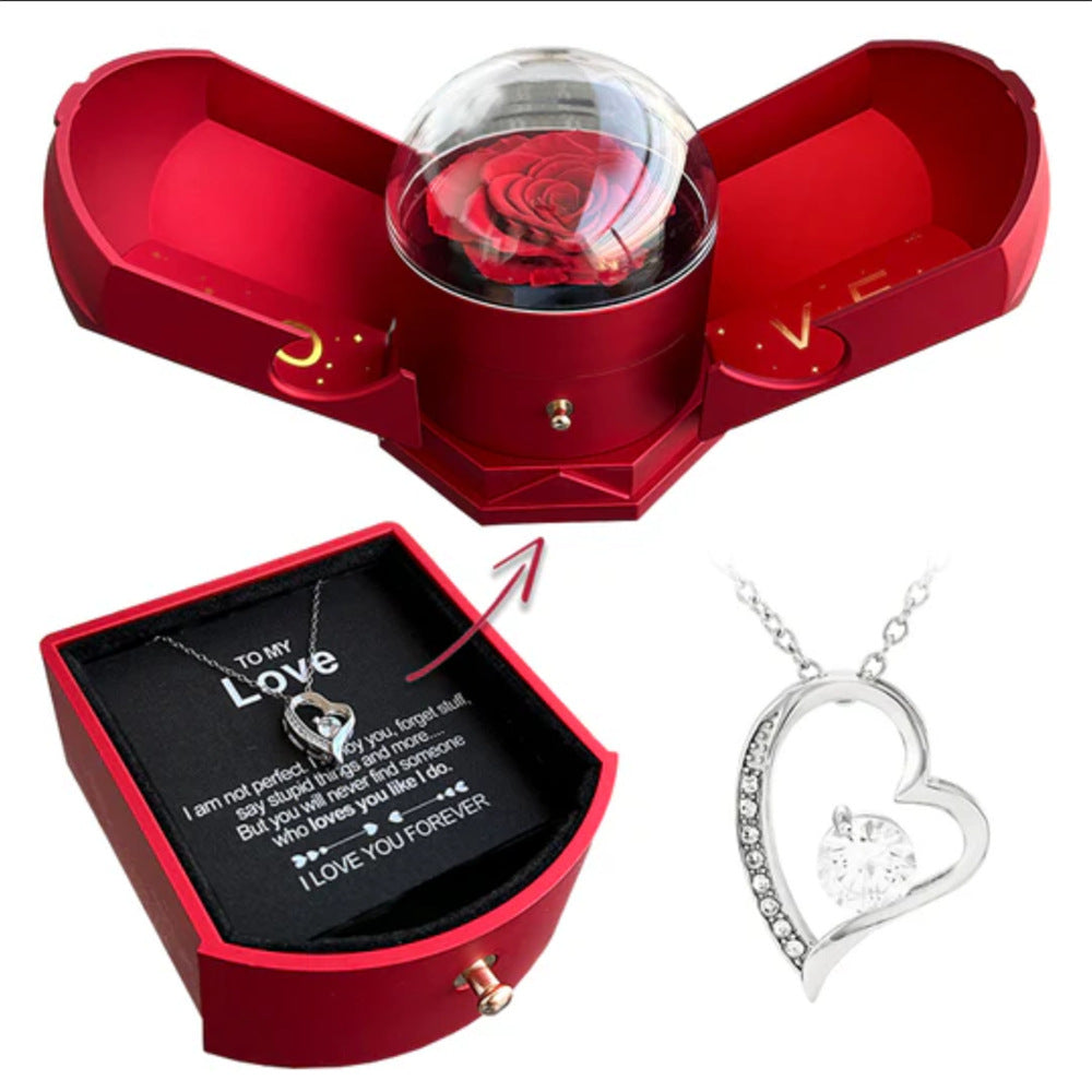 Double-Open Rose Jewelry Box – Drawer Style with Angel Wings, Perfect for Chinese Valentine's Day Necklace Gift