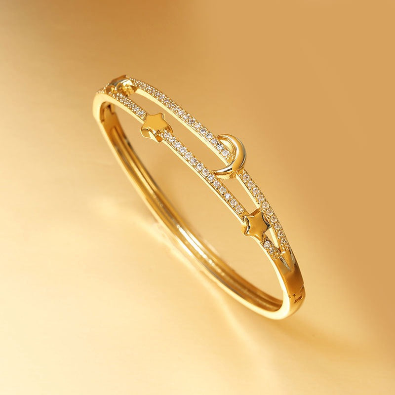 18K Gold-Plated Copper Bracelet – Micro-Inlaid Zircon Moon & Star Design