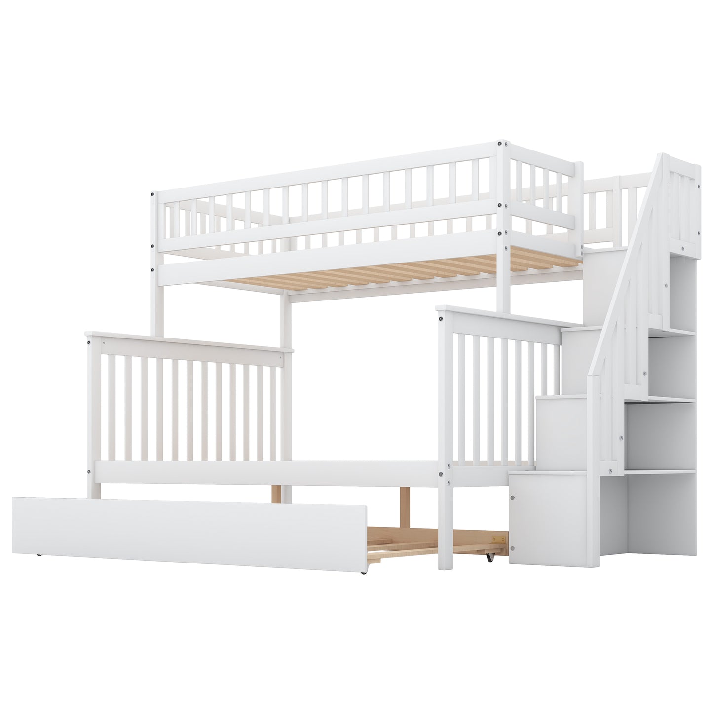 Twin over Full Bunk Bed with Trundle and Staircase White