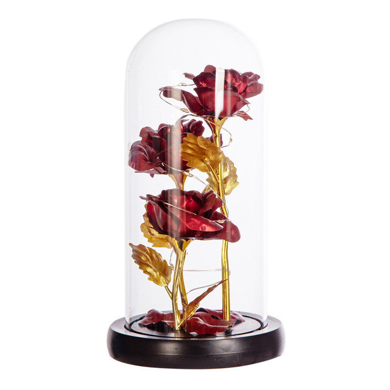 Valentine's Mother's Day Gift: Three Glass Cover Gold Foil Roses Ornament, Eternal Flower LED Night Light