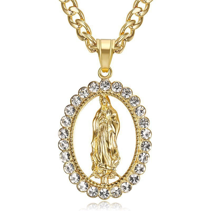 Stainless steel gold-plated diamond studded Virgin Mary pendant