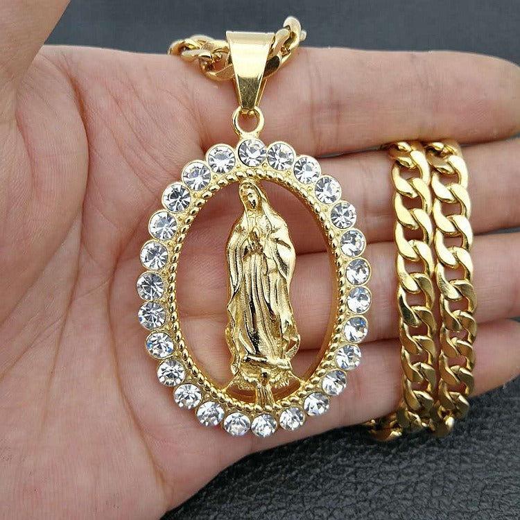 Stainless steel gold-plated diamond studded Virgin Mary pendant