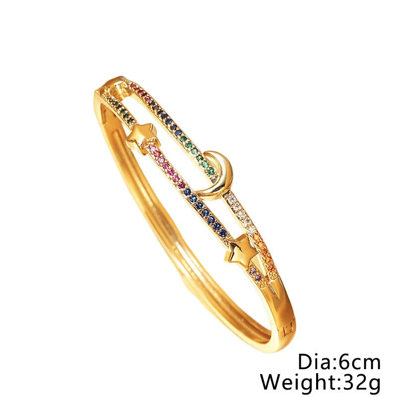 18K Gold-Plated Copper Bracelet – Micro-Inlaid Zircon Moon & Star Design