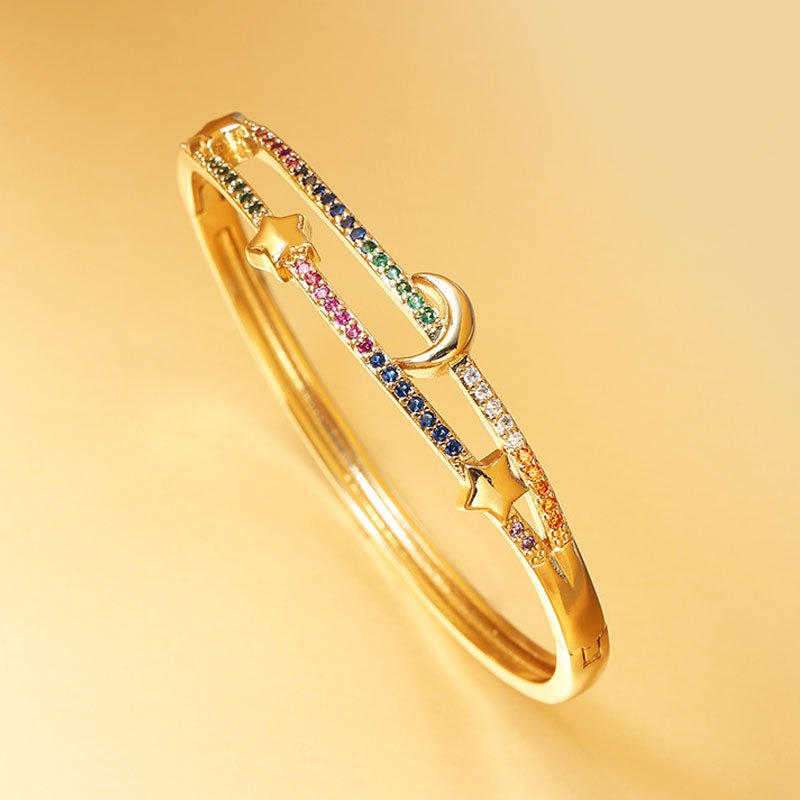 18K Gold-Plated Copper Bracelet – Micro-Inlaid Zircon Moon & Star Design