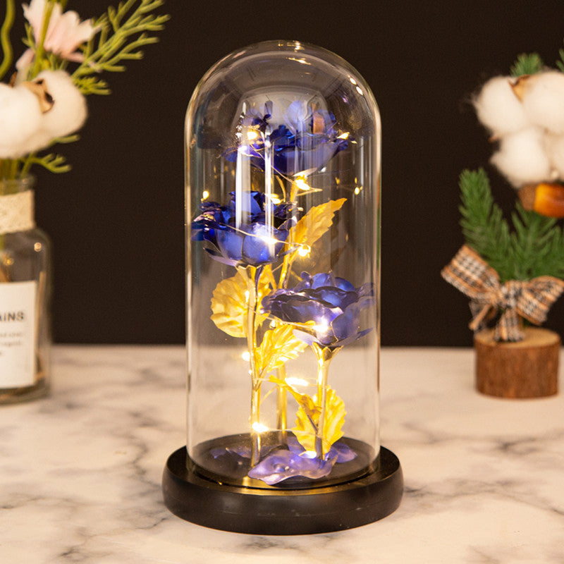 Valentine's Mother's Day Gift: Three Glass Cover Gold Foil Roses Ornament, Eternal Flower LED Night Light