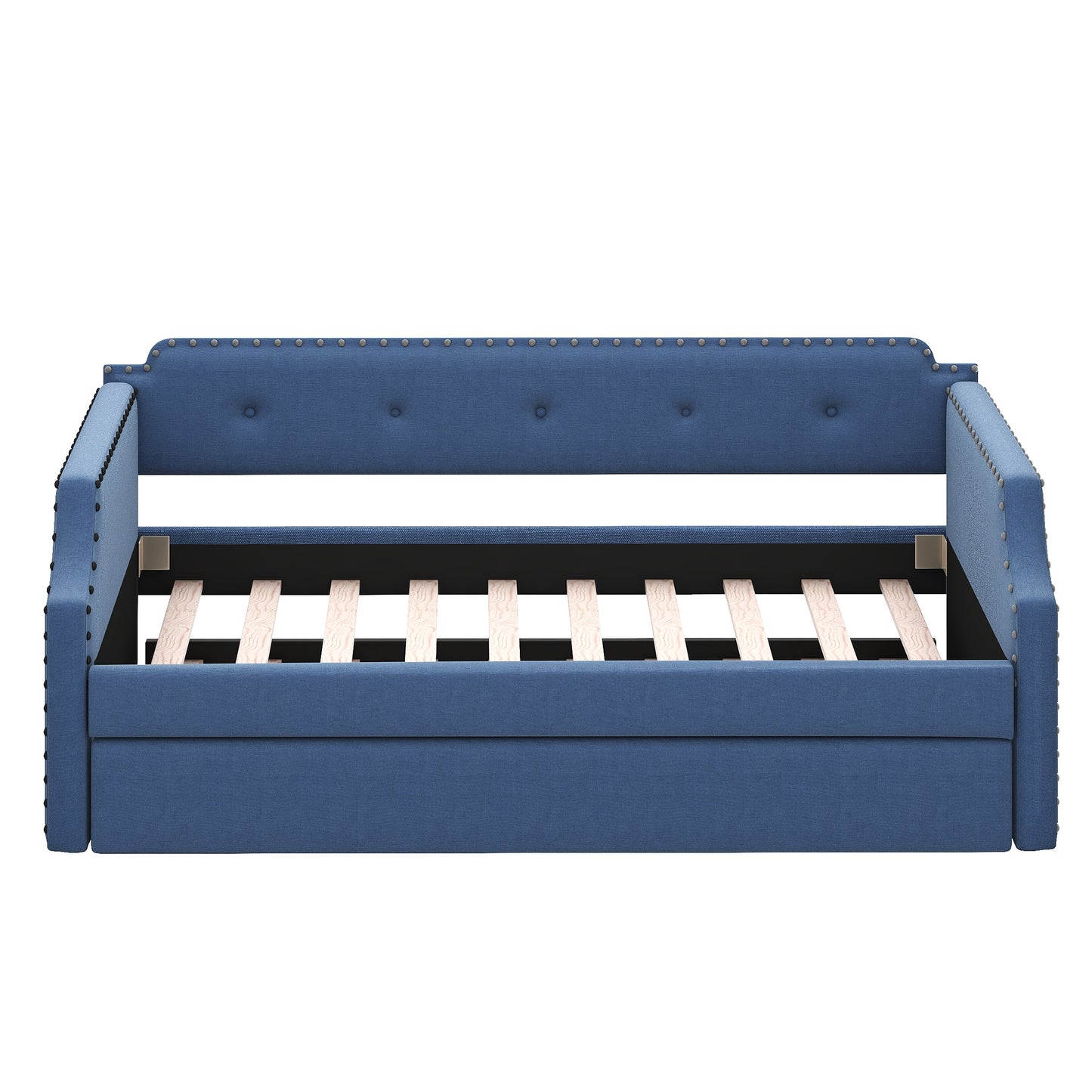 Upholstered Daybed with Trundle, Wood Slat Support,Upholstered Frame Sofa Bed Twin Blue