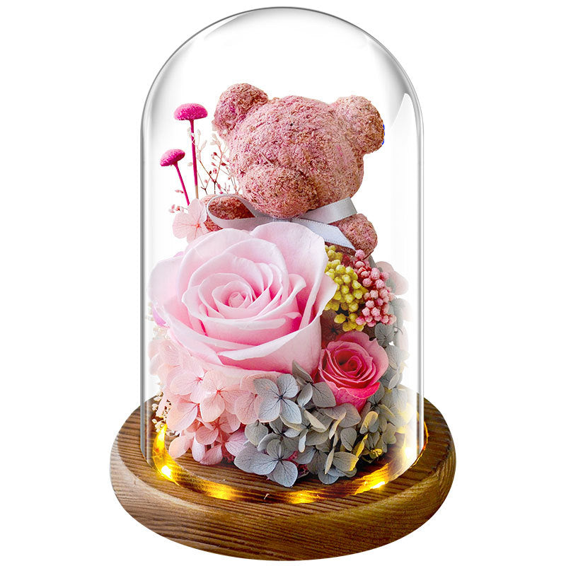 Valentine's Day Gift Everlasting Flower Bear Moss Glass Cover Finished Gift Box for Girlfriend Birthday Ornament Dried Flowers Roses