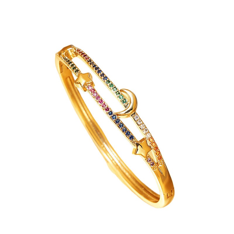 18K Gold-Plated Copper Bracelet – Micro-Inlaid Zircon Moon & Star Design